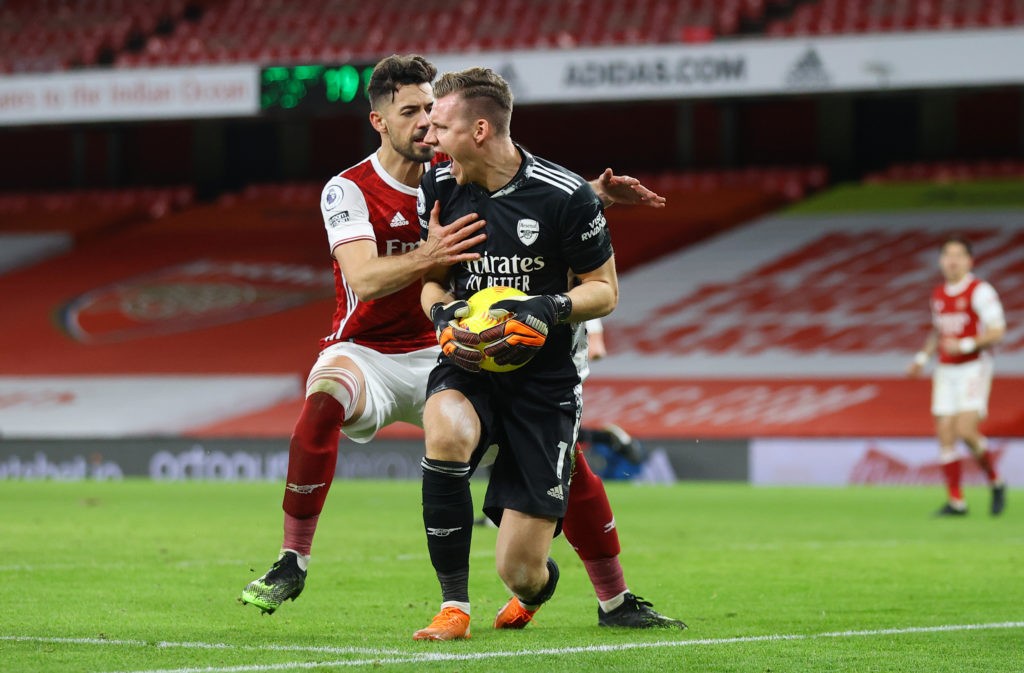 LONDON, ENGLAND: Bernd Leno of Arsenal celebrates with teammate Pablo Mari of Arsenal after making a penalty save during the Premier League match between Arsenal and Chelsea at Emirates Stadium on December 26, 2020. (Photo by Julian Finney/Getty Images)