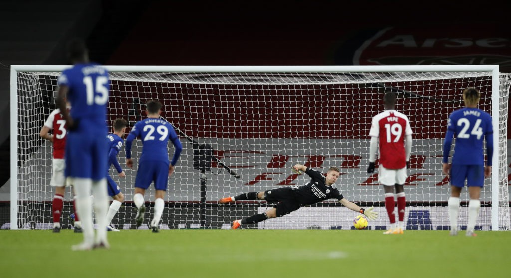 LONDON, ENGLAND: Jorginho of Chelsea has his penalty saved by Bernd Leno of Arsenal during the Premier League match between Arsenal and Chelsea at Emirates Stadium on December 26, 2020. (Photo by Andrew Boyers - Pool/Getty Images)