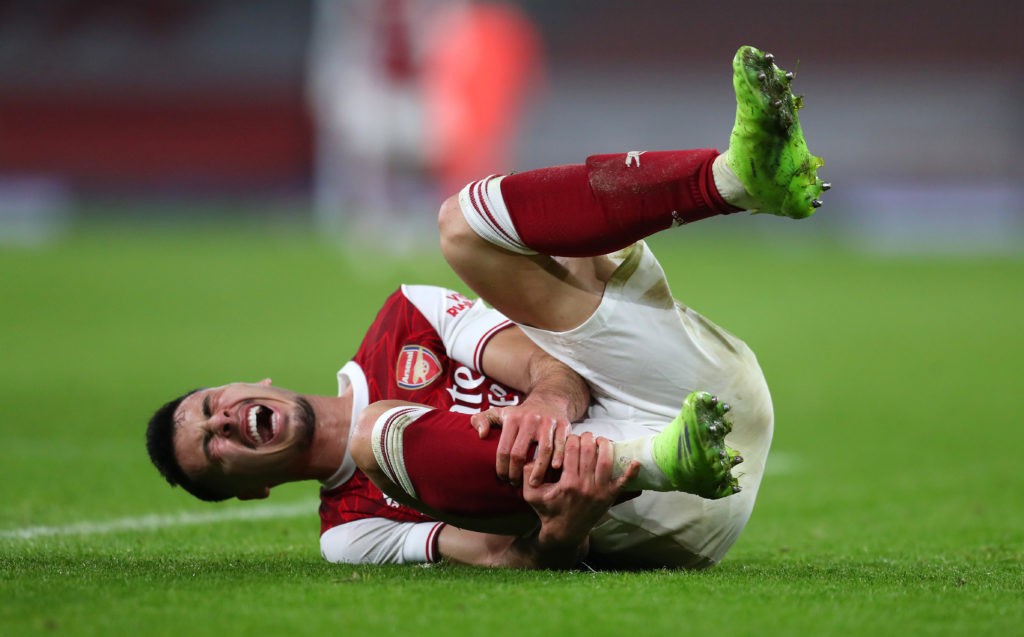 Major Martinelli boost for Arsenal ahead of Crystal Palace 2 LONDON, ENGLAND - DECEMBER 22: Gabriel Martinelli of Arsenal reacts after picking up an injury during the Carabao Cup Quarter Final match between Arsenal and Manchester City at Emirates Stadium on December 22, 2020 in London, England. The match will be played without fans, behind closed doors as a Covid-19 precaution. (Photo by Catherine Ivill/Getty Images)