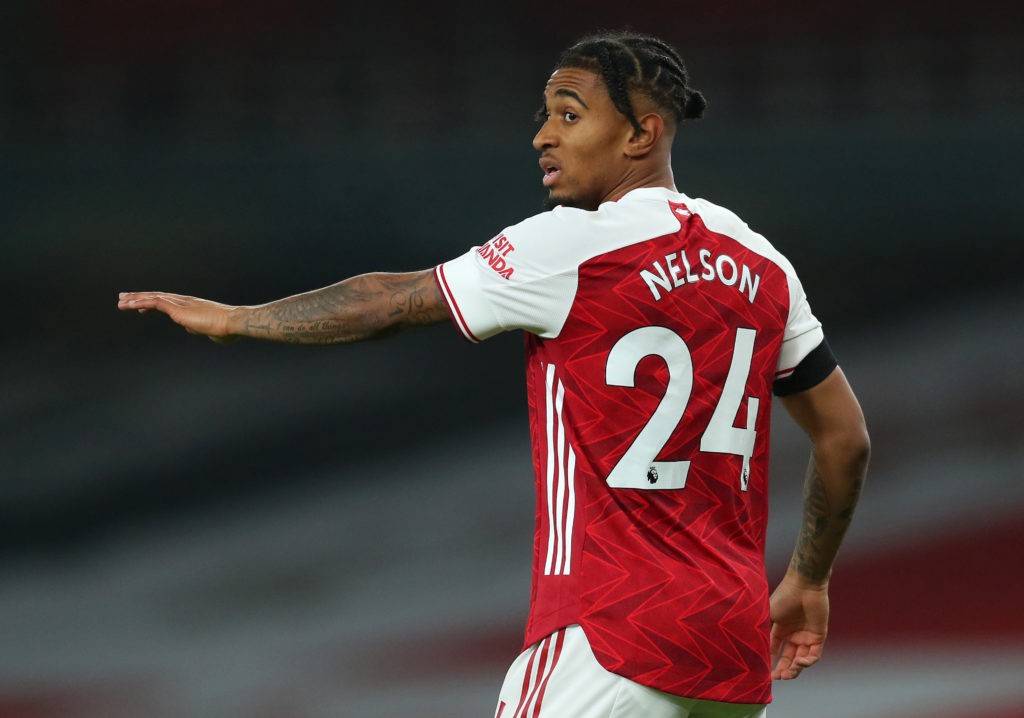LONDON, ENGLAND - NOVEMBER 29: Reiss Nelson of Arsenal during the Premier League match between Arsenal and Wolverhampton Wanderers at Emirates Stadium on November 29, 2020 in London, England. Sporting stadiums around the UK remain under strict restrictions due to the Coronavirus Pandemic as Government social distancing laws prohibit fans inside venues resulting in games being played behind closed doors. (Photo by Catherine Ivill/Getty Images)