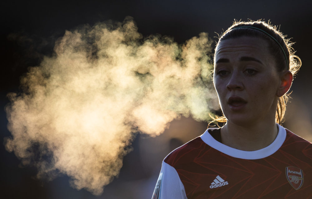 BOREHAMWOOD, ENGLAND - DECEMBER 06: Katie McCabe of Arsenal looks on during the Barclays FA Women's Super League match between Arsenal Women and Bi...