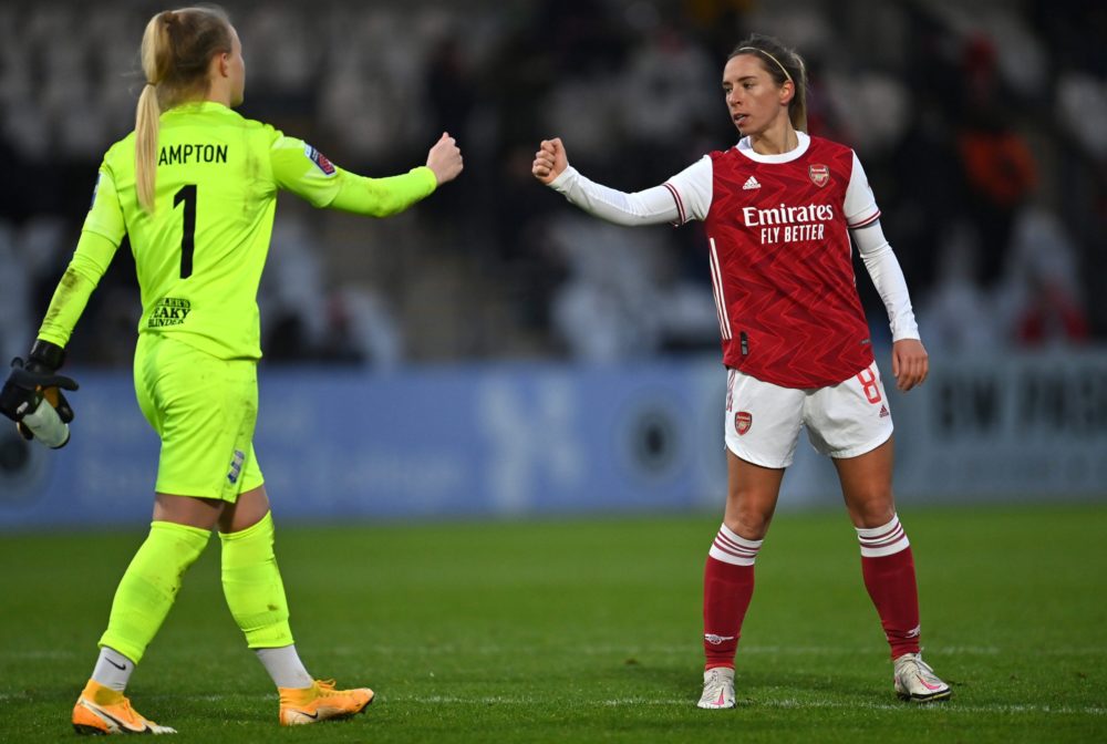 BOREHAMWOOD, ENGLAND - DECEMBER 06: Jordan Nobbs of Arsenal bumps fist with Hannah Hampton of Birmingham City after the Barclays FA Women's Super L...