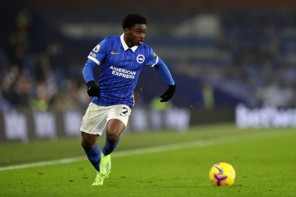 BRIGHTON, ENGLAND: Tariq Lamptey of Brighton and Hove Albion in action during the Premier League match between Brighton & Hove Albion and Southampt...