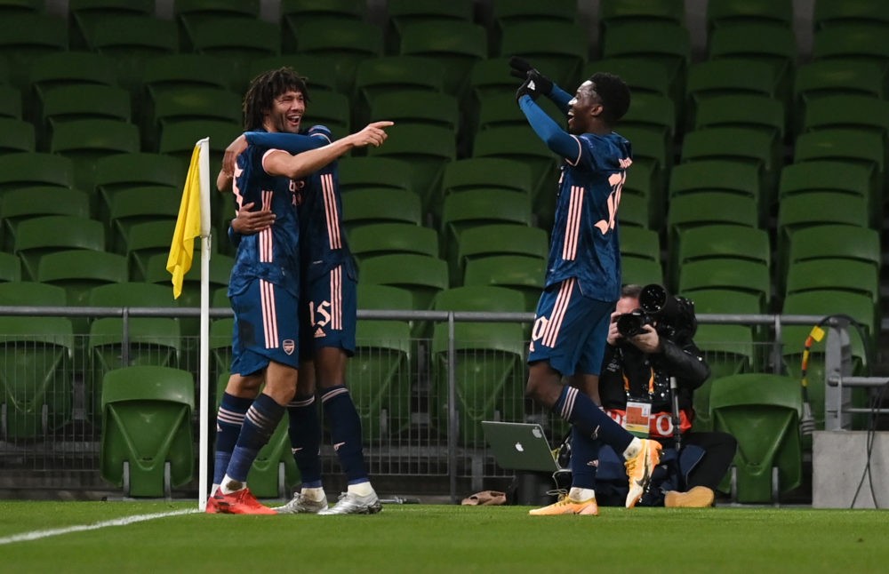 DUBLIN, IRELAND - DECEMBER 10: Mohamed Elneny of Arsenal celebrates after he scores their team's second goal during the UEFA Europa League Group B stage match between Dundalk FC and Arsenal FC at Aviva Stadium on December 10, 2020 in Dublin, Ireland. The match will be played without fans, behind closed doors as a Covid-19 precaution. (Photo by Charles McQuillan/Getty Images)