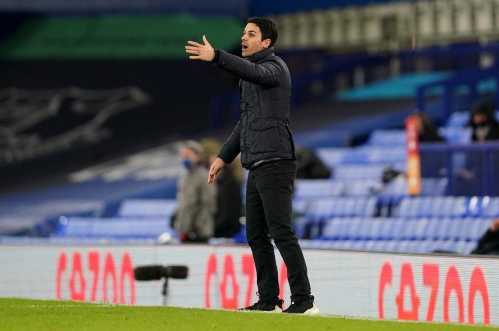 LIVERPOOL, ENGLAND - DECEMBER 19: Mikel Arteta, Manager of Arsenal reacts during the Premier League match between Everton and Arsenal at Goodison P...