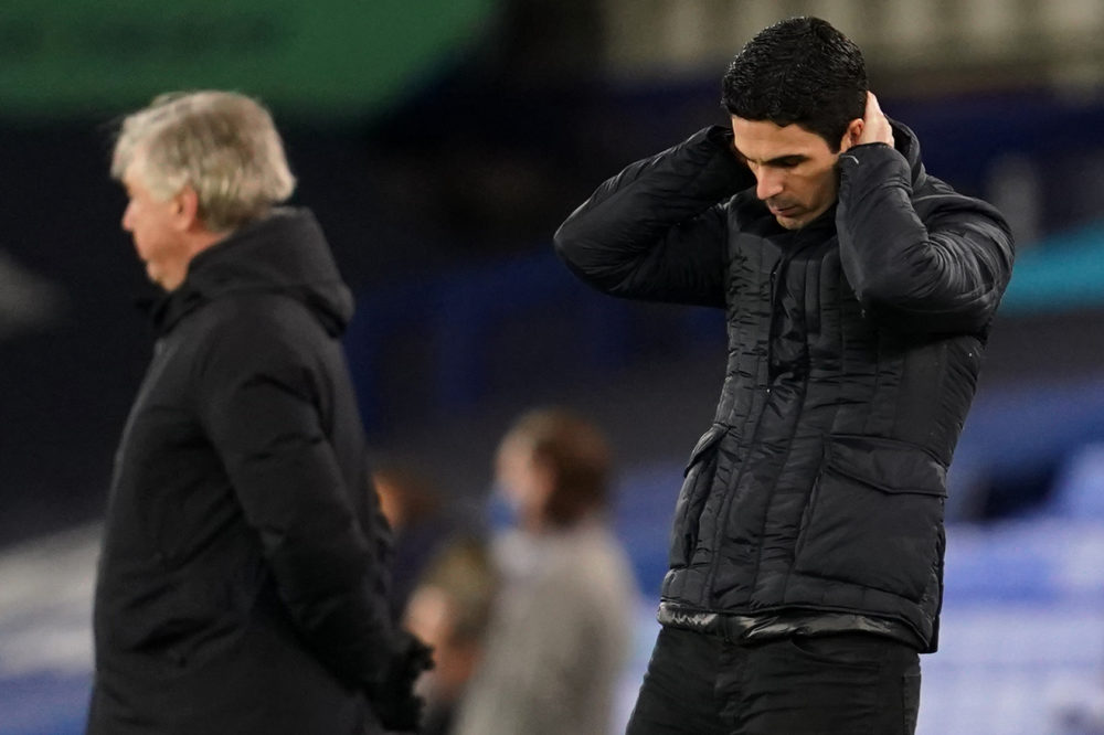 Arsenal's Spanish manager Mikel Arteta reacts during the English Premier League football match between Everton and Arsenal at Goodison Park in Live...