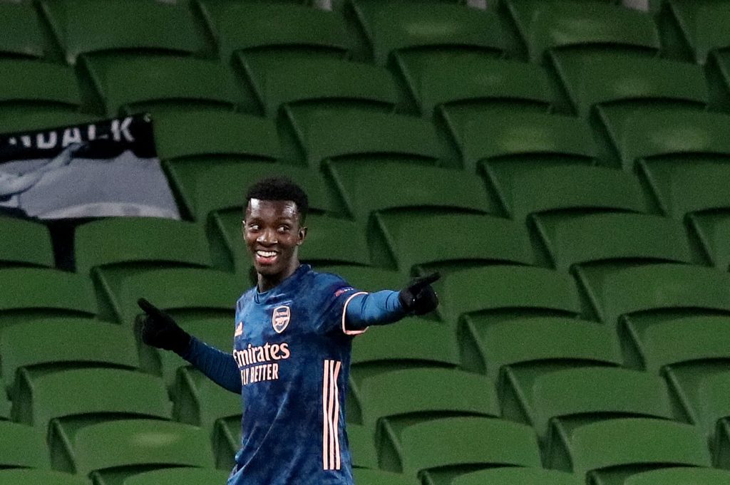 Stoke City wanted Arsenal star last January - could return now 2 Arsenal's English striker Eddie Nketiah celebrates after he scores his team's first goal during the UEFA Europa League 1st round Group B football match between Dundalk and Arsenal at Aviva Stadium in Dublin, Ireland on December 10, 2020. (Photo by Paul Faith / AFP)