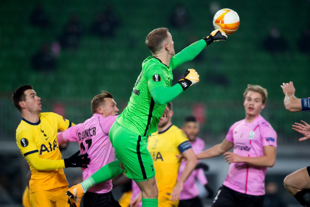 Tottenham Hotspur's goalkeeper Joe Hart saves a ball during the UEFA Europa League Group J football match between Linzer ASK and Tottenham Hotspur in Linz, on December 3, 2020. (Photo by VLADIMIR SIMICEK/AFP via Getty Images)