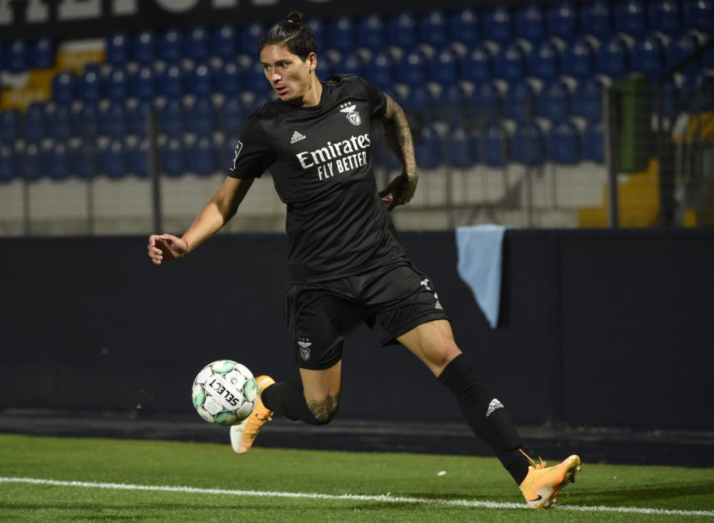 Benfica's Uruguayan forward Darwin Nunez controls the ball during the Portuguese League football match between Famalicao and Benfica at the Famalic...