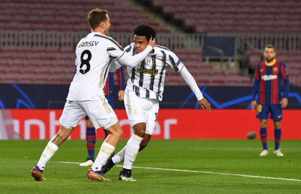 BARCELONA, SPAIN: Weston McKennie of Juventus F.C. celebrates with teammate Aaron Ramsey after scoring their sides second goal during the UEFA Cham...