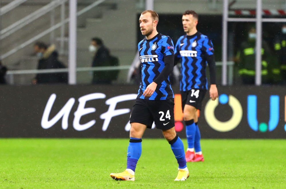 MILAN, ITALY - DECEMBER 09: Christian Eriksen of Inter Milan reacts at full-time after the UEFA Champions League Group B stage match between FC Internazionale and Shakhtar Donetsk at Stadio Giuseppe Meazza on December 09, 2020 in Milan, Italy. Sporting stadiums around Italy remain under strict restrictions due to the Coronavirus Pandemic as Government social distancing laws prohibit fans inside venues resulting in games being played behind closed doors. (Photo by Marco Luzzani/Getty Images)