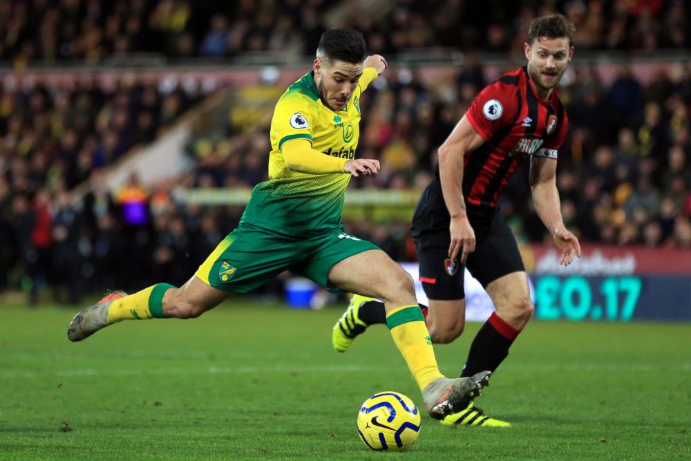 NORWICH, ENGLAND: Emi Buendia of Norwich City shoots during the Premier League match between Norwich City and AFC Bournemouth at Carrow Road on Jan...