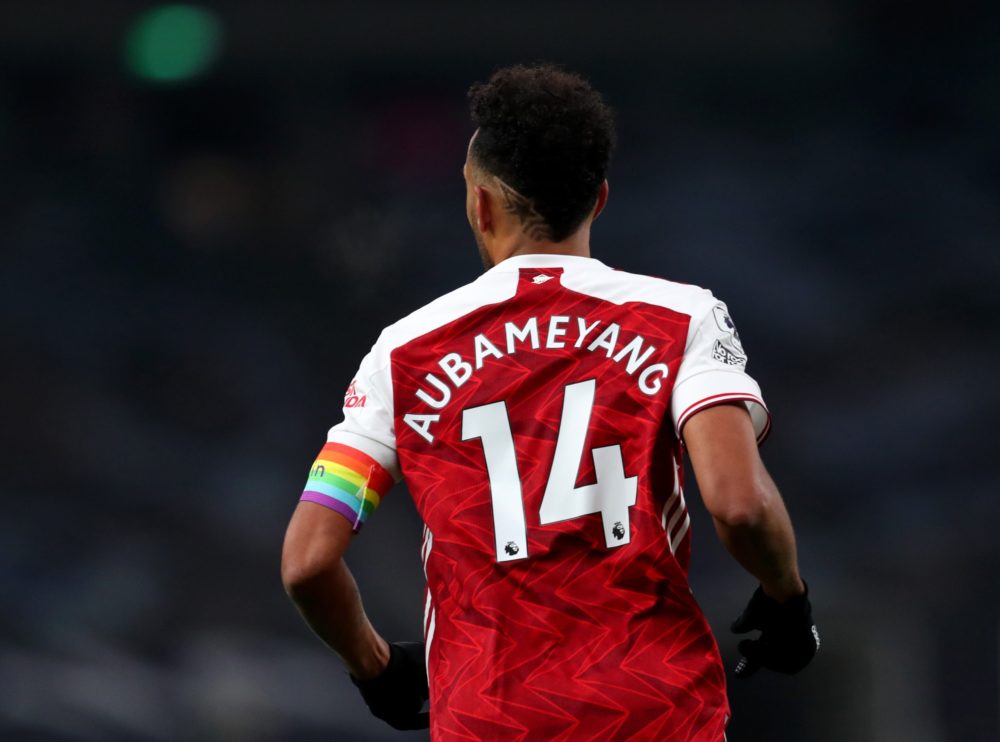 LONDON, ENGLAND - DECEMBER 06: Pierre-Emerick Aubameyang of Arsenal whilst wearing a rainbow coloured captain's armband in support of the Stonewall...