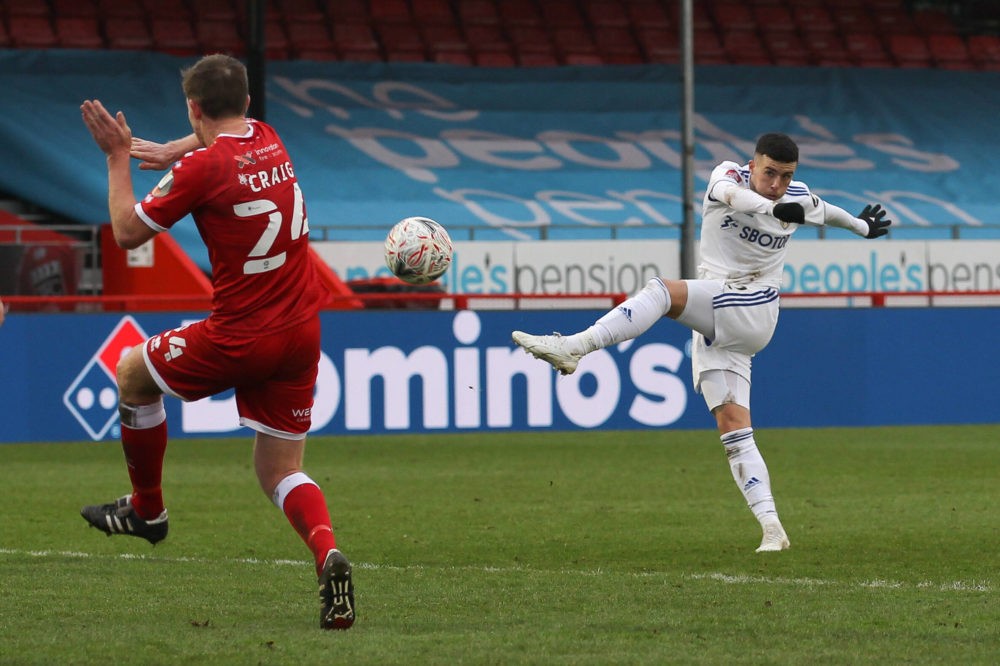Sam Greenwood of Leeds United has a shot on goal during the The FA Cup 3rd Round match between Crawley Town and Leeds United at The People's Pensio...
