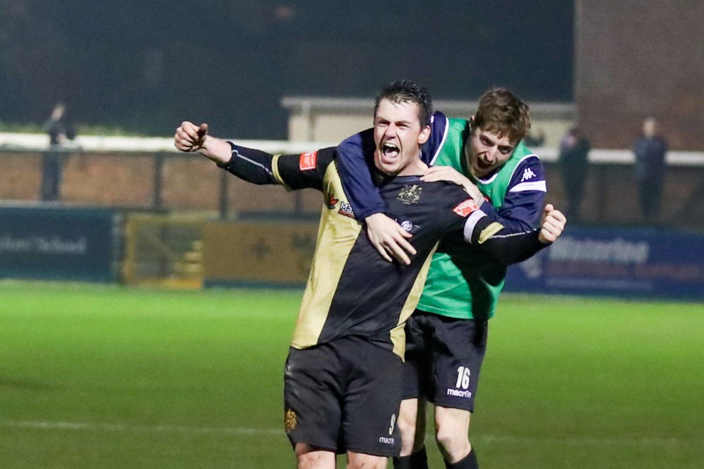 Arsenal fan to captain Marine against Tottenham 1 Marine v Havant & Waterlooville FC in The FA Cup. Marine forward Niall Cummins celebrates after scoring the winner on 29 November 2020. Copyright: ...