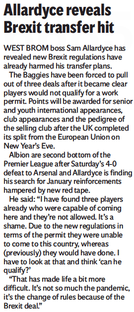 3 transfers stopped due to Brexit permit mess: "It's a shame" says Sam Allardyce 3 Irish Independent, 4 January, 2021