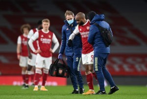 LONDON, ENGLAND - JANUARY 30: <> during the Premier League match between Arsenal and Manchester United at Emirates Stadium on January 30, 2021 in London, England. Sporting stadiums around the UK remain under strict restrictions due to the Coronavirus Pandemic as Government social distancing laws prohibit fans inside venues resulting in games being played behind closed doors. (Photo by Shaun Botterill/Getty Images)