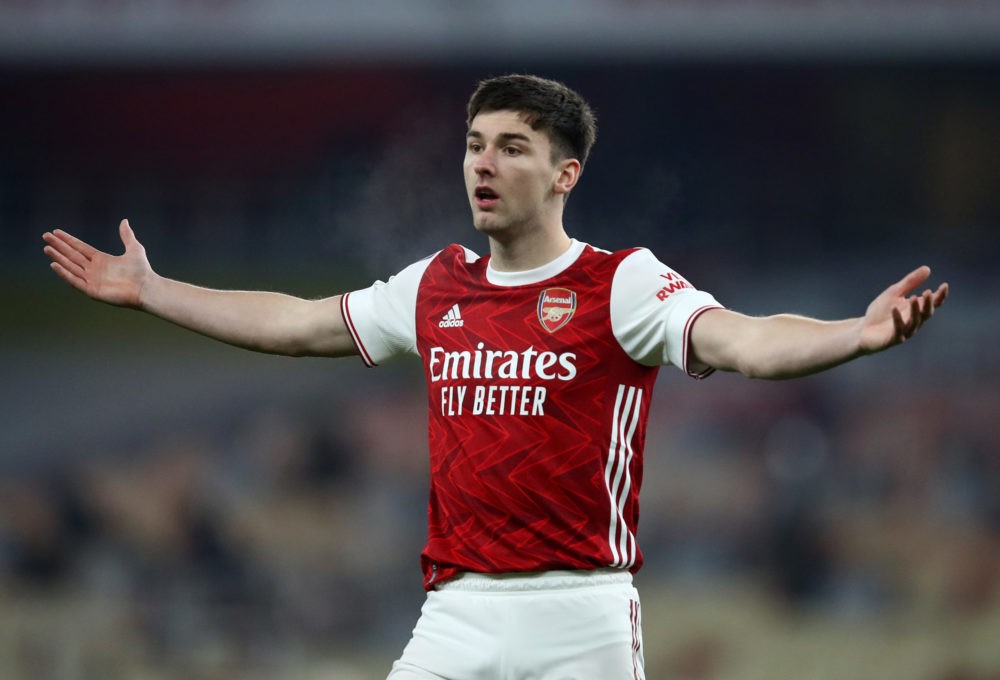 LONDON, ENGLAND - JANUARY 09: Kieran Tierney of Arsenal reacts during the FA Cup Third Round match between Arsenal and Newcastle United at Emirates Stadium on January 09, 2021 in London, England. The match will be played without fans, behind closed doors as a Covid-19 precaution. (Photo by Julian Finney/Getty Images)