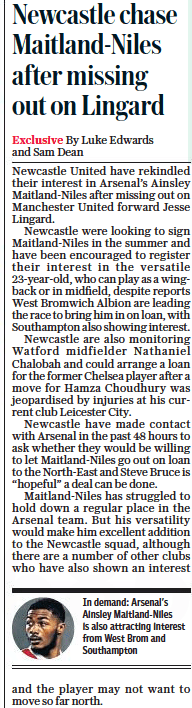 Arsenal want 23yo to go to Southampton as Newcastle make contact 4 Daily Telegraph, 30 January 2021