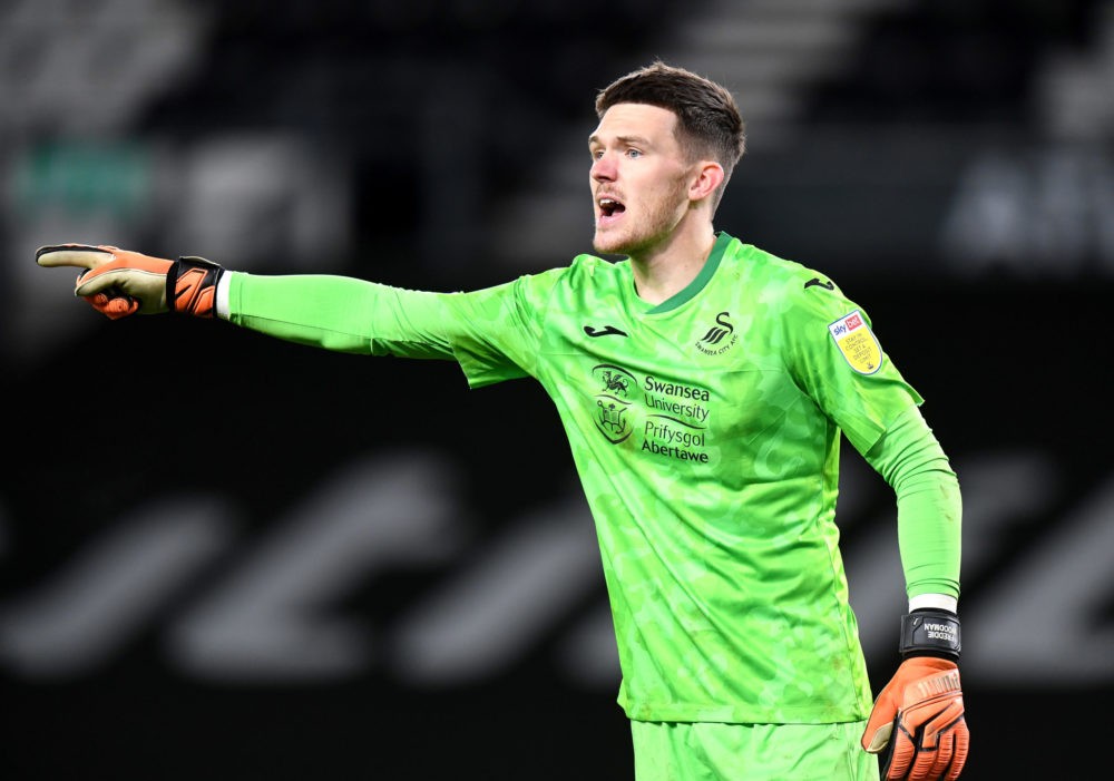 DERBY, ENGLAND: Freddie Woodman of Swansea City during the Sky Bet Championship match between Derby County and Swansea City at Pride Park Stadium o...