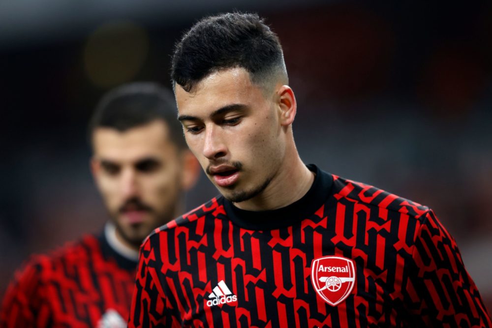 Arsenal's Brazilian striker Gabriel Martinelli warms up for the English League Cup quarter final football match between Arsenal and Manchester City...