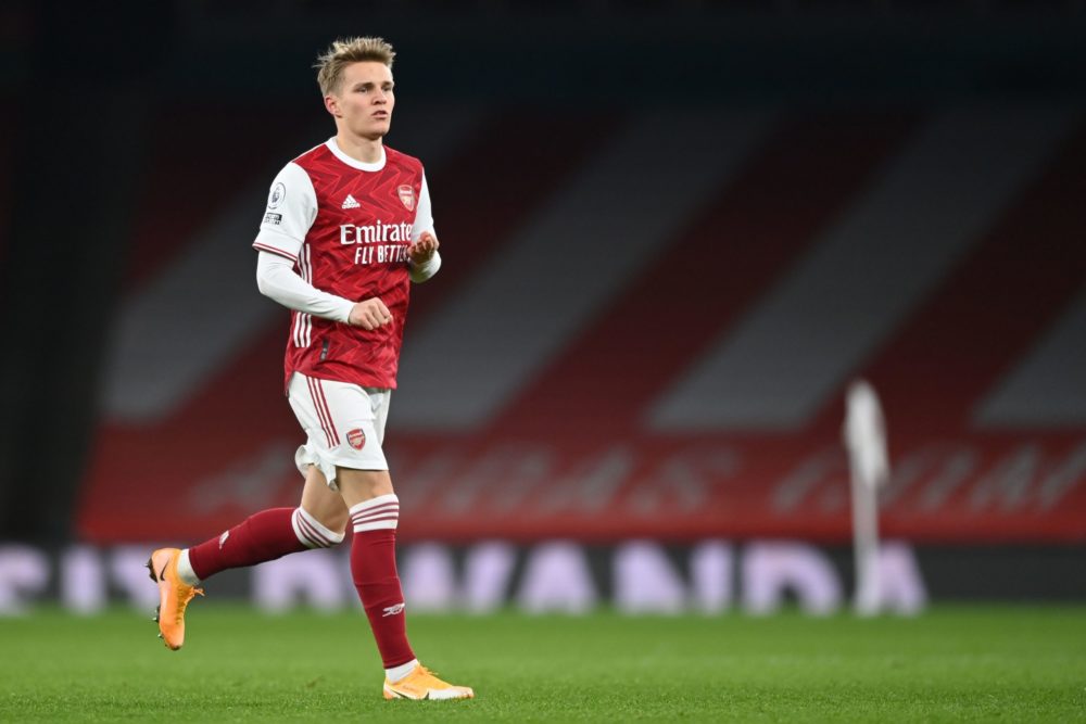 Arsenal's Norwegian midfielder Martin Odegaard comes on as a substitute during the English Premier League football match between Arsenal and Manche...