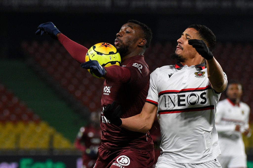 MOTM: Exiled William Saliba wins award in his 2nd appearance 2 Nice's French defender William Saliba (L) challenges Metz's French forward Thierry Ambrose during the French L1 football match between Football Club de Metz and OGC Nice at the Saint-Symphorien Stadium in Longeville-Les-Metz, eastern France on January 9, 2021. (Photo by JEAN-CHRISTOPHE VERHAEGEN/AFP via Getty Images)