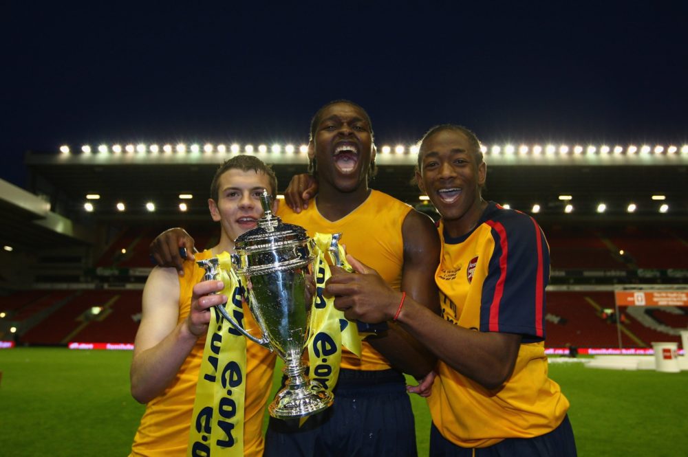 LIVERPOOL, ENGLAND - MAY 26: (L-R) Arsenals Jack Wilshere, Jay Emmanuel Thomas and Sanchez Watt celebrate winning the FA Youth Cup during the secon...