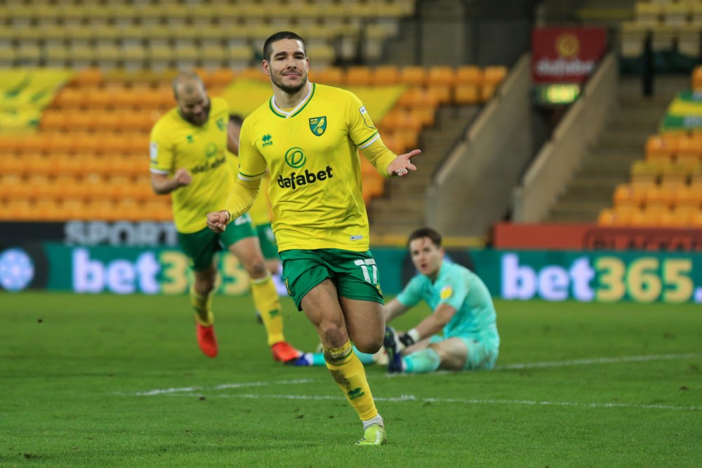 NORWICH, ENGLAND: Emi Buendia of Norwich City celebrates after scoring their team's first goal during the Sky Bet Championship match between Norwic...