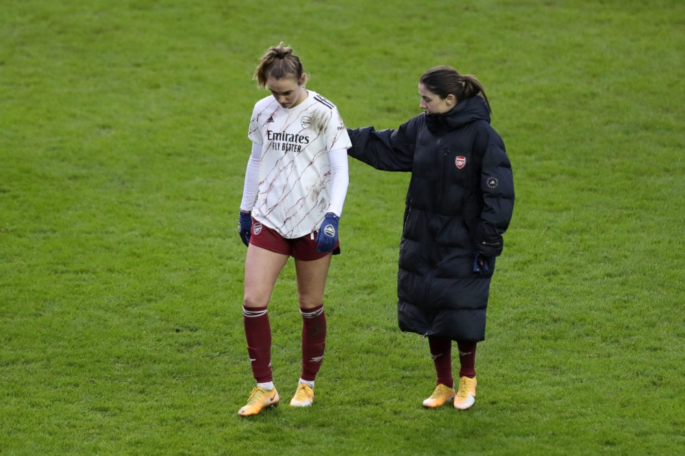 Arsenal's Champions League hopes on a razor's edge 2 READING, ENGLAND - JANUARY 17: Jill Roord of Arsenal is comforted by Danielle Van De Donk of Arsenal after the Barclays FA Women's Super League match between Reading Women and Arsenal Women at Madejski Stadium on January 17, 2021 in Reading, England. Sporting stadiums around England remain under strict restrictions due to the Coronavirus Pandemic as Government social distancing laws prohibit fans inside venues resulting in games being played behind closed doors. (Photo by Naomi Baker/Getty Images)