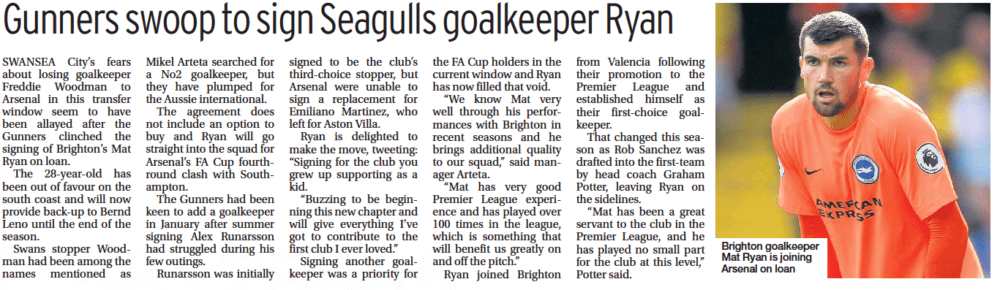 Swansea City relieved as Arsenal sign 28-year-old 3 Maty Ryan Freddie Woodman South Wales Evening Post 23 January 2021