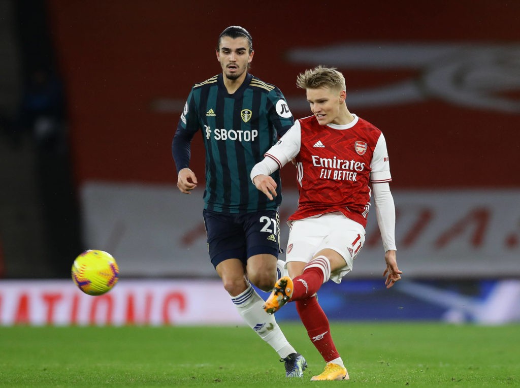 Martin Odegaard of Arsenal and Pascal Struijk of Leeds United during the Premier League match at the Emirates Stadium, London. Picture date: 14th February 2021. (Photo by David Klein / Sportimage)