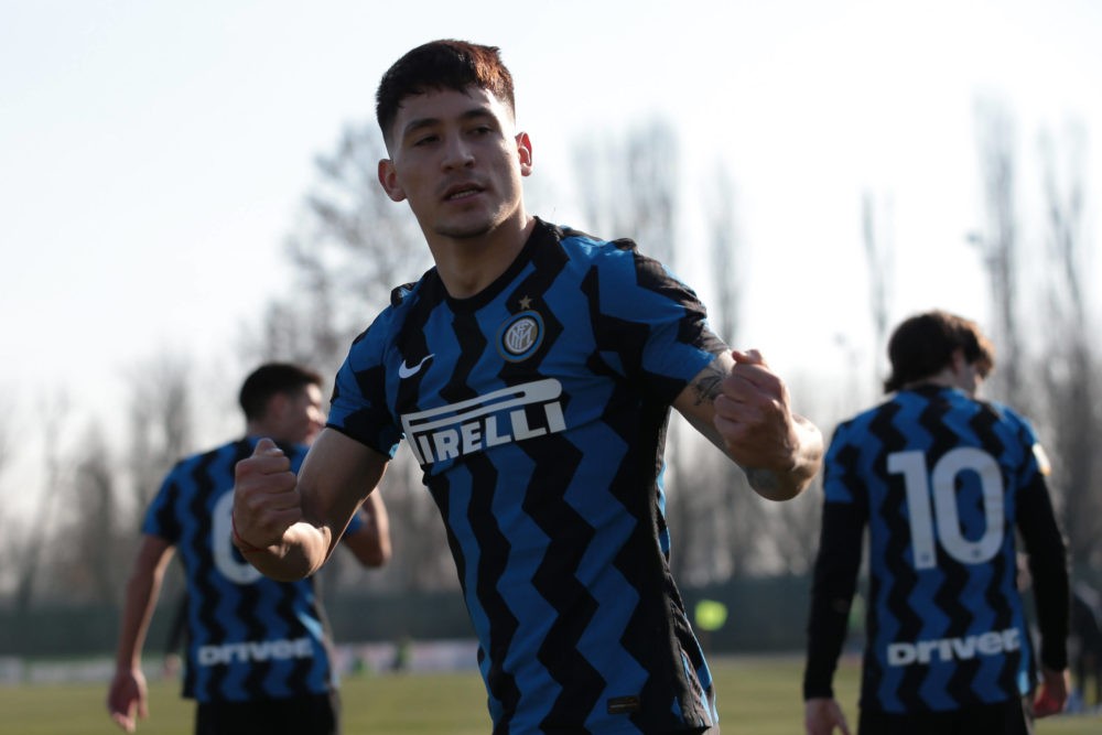 Martin Satriano of Internazionale celebrates after scoring to give the side a 1-0 lead during the Primavera 1 match at Centro Sportivo Vismara, Mil...