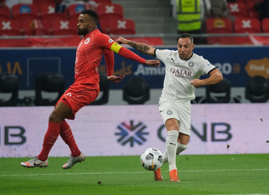 DOHA, QATAR: Santi Cazorla of Al Sadd shoots at goal during the Emir Cup Final between Al Sadd and Al Arabi at Al Rayyan Stadium on December 18, 2020 in Doha, Qatar. (Photo by Simon Holmes/Getty Images)