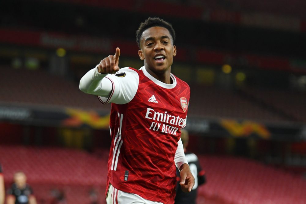 LONDON, ENGLAND - OCTOBER 29: Joe Willock of Arsenal celebrates after scoring his team's second goal during the UEFA Europa League Group B stage ma...