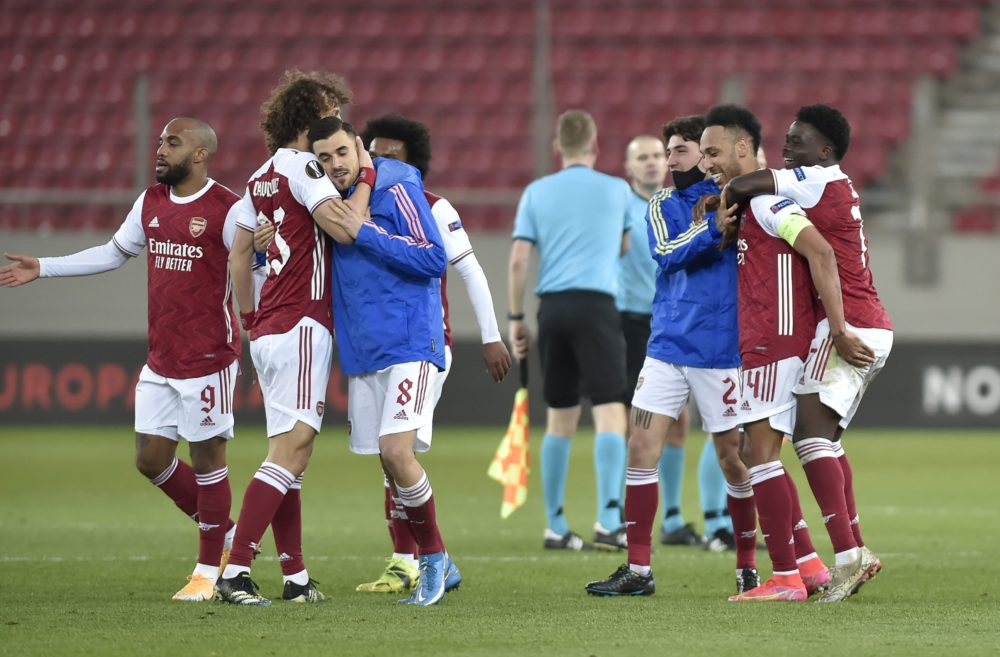 How Arsenal saved their season in 20 minutes 2 PIRAEUS, GREECE - FEBRUARY 25: David Luiz, Dani Ceballos, Hector Bellerin, Pierre-Emerick Aubameyang, and Bukayo Saka of Arsenal celebrate following their team's victory in the UEFA Europa League Round of 32 match between Arsenal FC and SL Benfica at Karaiskakis Stadium on February 25, 2021 in Piraeus, Greece. Arsenal face SL Benfica at a neutral venue in Piraeus behind closed doors to prevent the spread of Covid-19 variants. (Photo by Milos Bicanski/Getty Images)