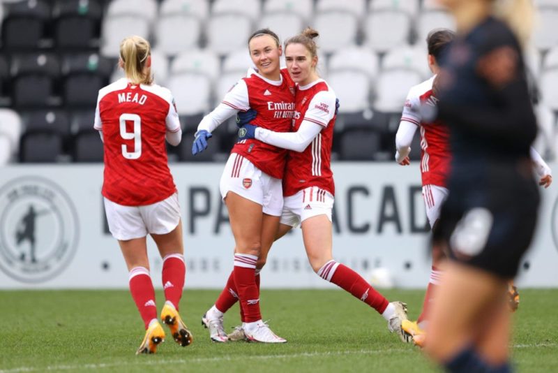 Arsenal Women international call-ups 6 BOREHAMWOOD, ENGLAND - FEBRUARY 07: Caitlin Foord of Arsenal celebrates with team mate Vivianne Miedema and Beth Mead after scoring their side's first goal during the Barclays FA Women's Super League match between Arsenal Women and Manchester City Women at Meadow Park on February 07, 2021 in Borehamwood, England. Sporting stadiums around the UK remain under strict restrictions due to the Coronavirus Pandemic as Government social distancing laws prohibit fans inside venues resulting in games being played behind closed doors. (Photo by Richard Heathcote/Getty Images)