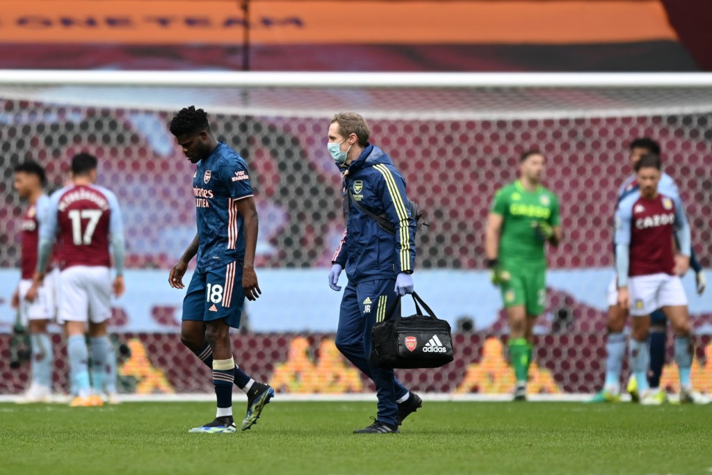 Major update on Thomas Partey injury ahead of Leeds United 2 Thomas Partey injury update BIRMINGHAM, ENGLAND - FEBRUARY 06: Thomas Partey of Arsenal receives medical treatment during the Premier League match between Aston Villa and Arsenal at Villa Park on February 06, 2021 in Birmingham, England. Sporting stadiums around the UK remain under strict restrictions due to the Coronavirus Pandemic as Government social distancing laws prohibit fans inside venues resulting in games being played behind closed doors. (Photo by Shaun Botterill/Getty Images)
