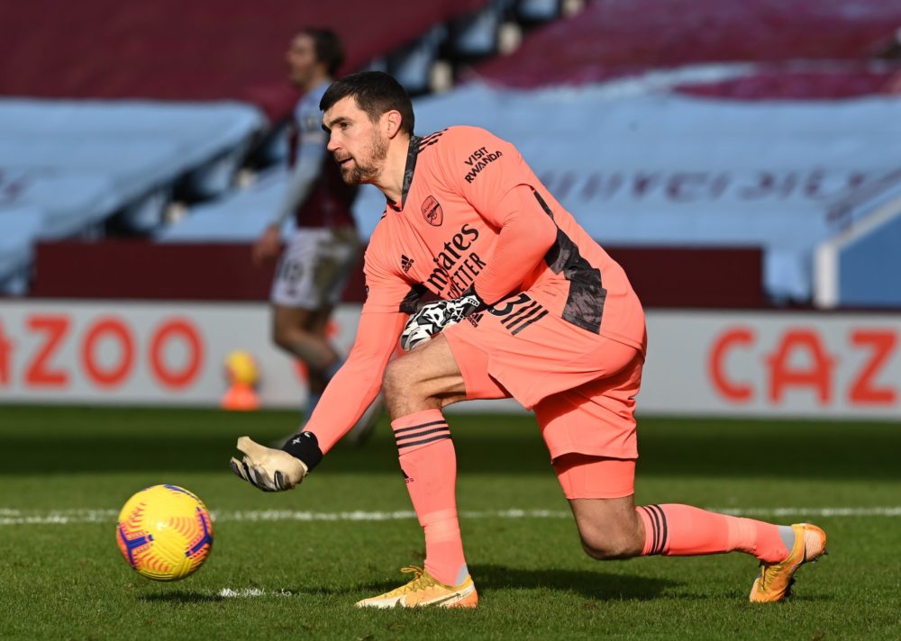 BIRMINGHAM, ENGLAND: Mathew Ryan of Arsenal rolls the ball out during the Premier League match between Aston Villa and Arsenal at Villa Park on Feb...