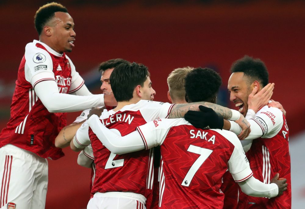 Arsenal video Arsenal's Gabonese striker Pierre-Emerick Aubameyang (R) celebrates scoring the opening goal during the English Premier League footba...