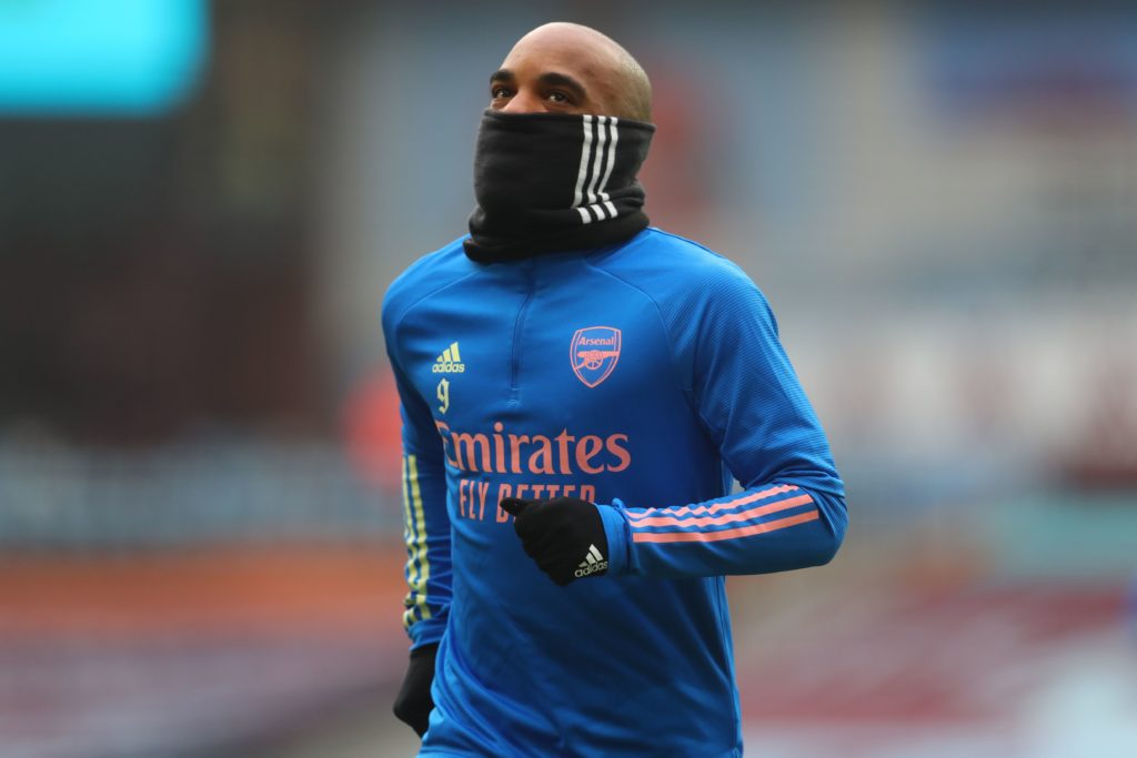 Arsenal's French striker Alexandre Lacazette warms up ahead of the English Premier League football match between Aston Villa and Arsenal at Villa Park in Birmingham, central England on February 6, 2021. (Photo by Catherine Ivill / POOL / AFP)