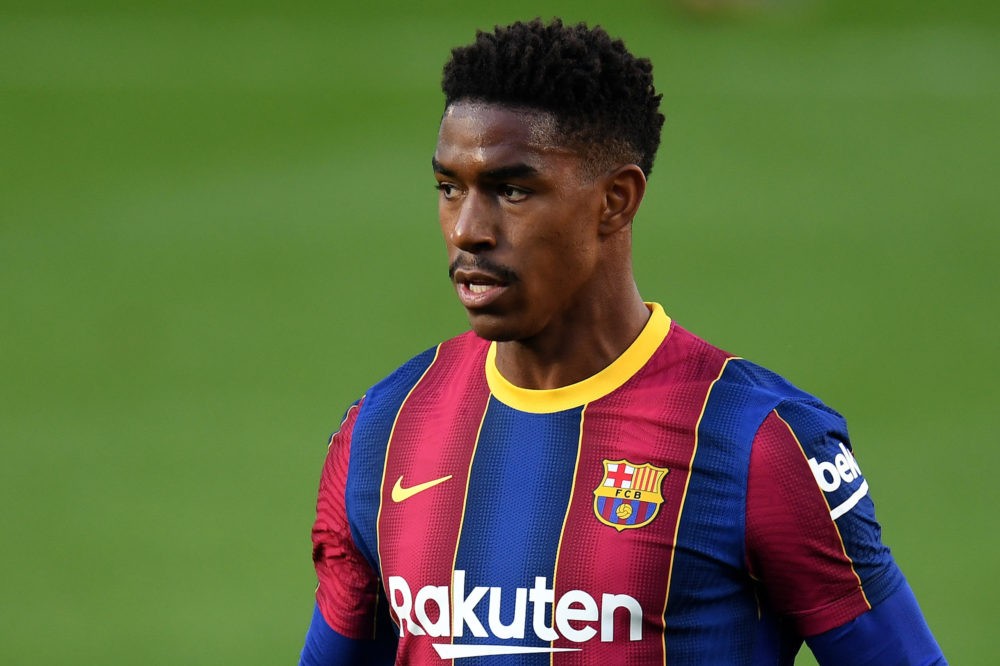 BARCELONA, SPAIN: Junior Firpo of FC Barcelona looks on during the La Liga Santander match between FC Barcelona and C.A. Osasuna at Camp Nou on Nov...