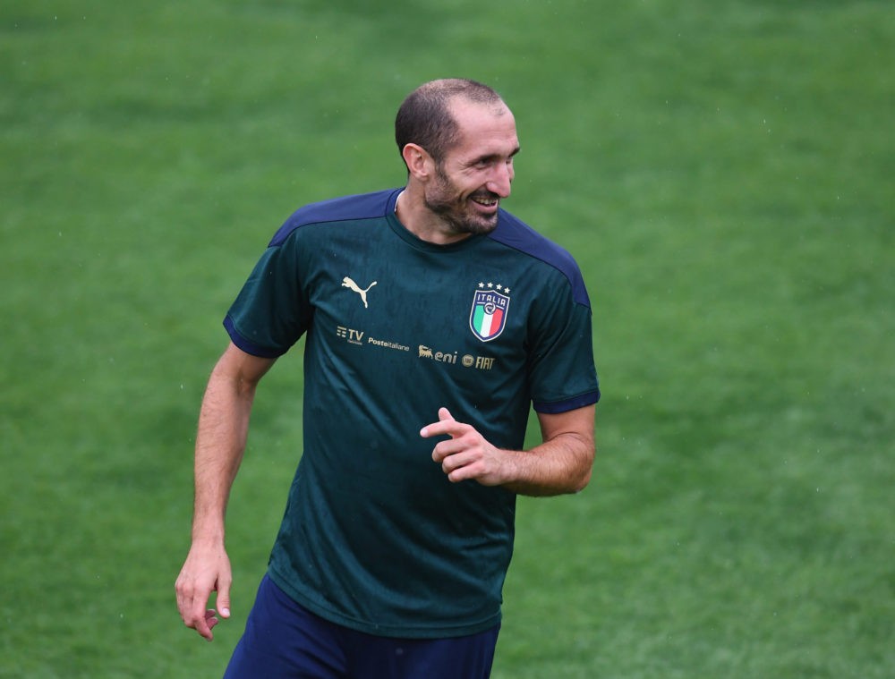 FLORENCE, ITALY: Giorgio Chiellini of Italy smiles during a training session at Centro Tecnico Federale di Coverciano on August 31, 2020. (Photo by...