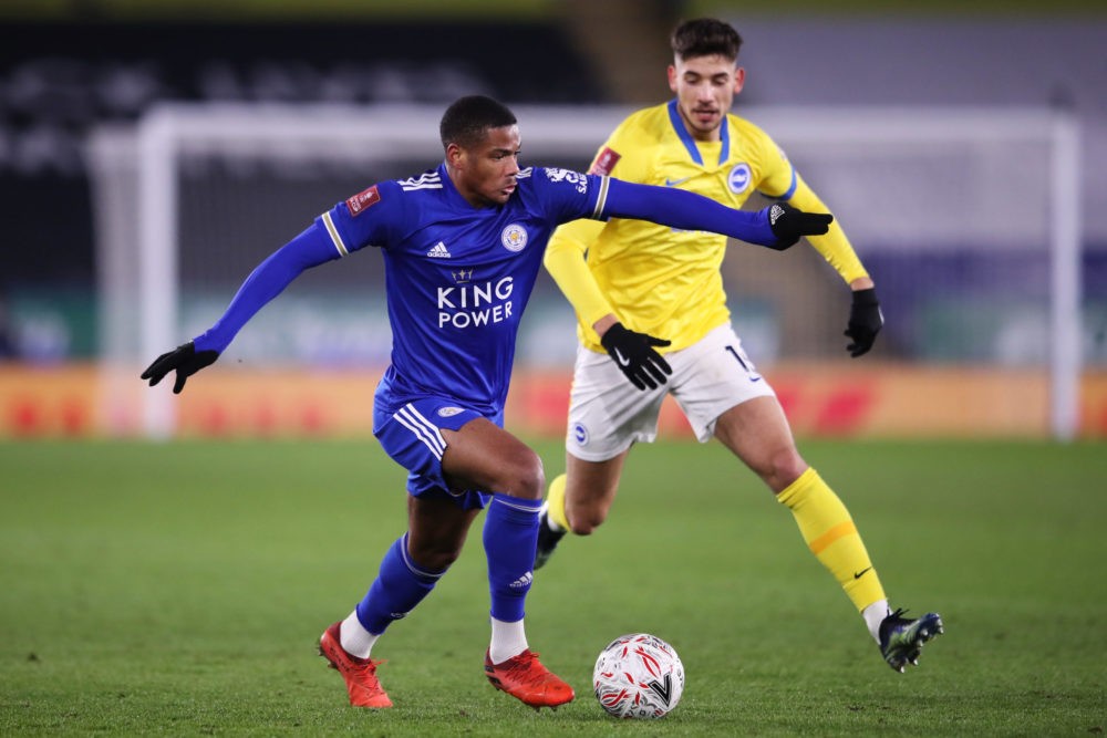 LEICESTER, ENGLAND: Vontae Daley-Campbell of Leicester City battles for possession with Jakub Moder of Brighton & Hove Albion during The Emirates F...