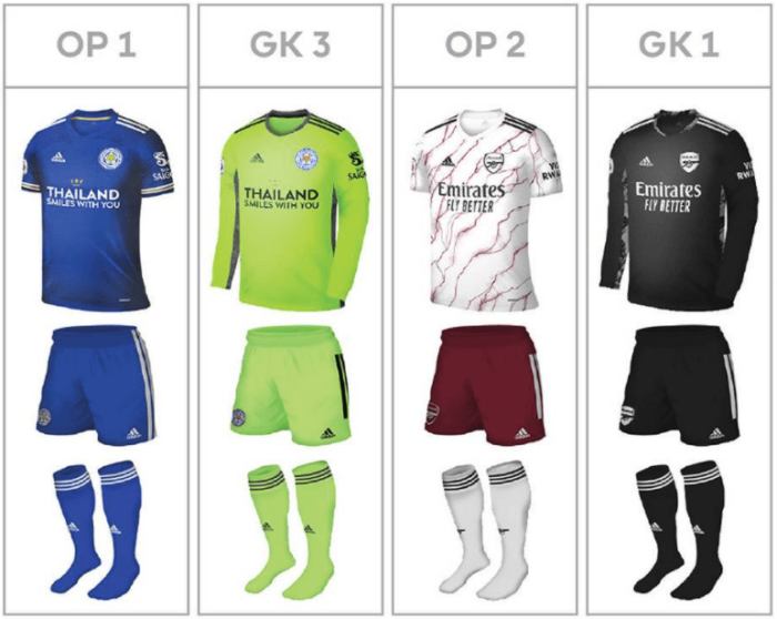 Leicester City vs Arsenal kits (via Arsenal)