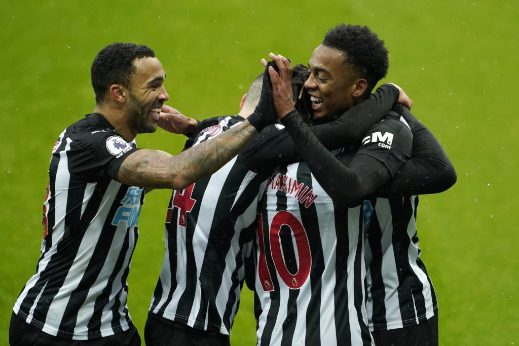 Newcastle hope injured trio can return against Arsenal 2 NEWCASTLE UPON TYNE, ENGLAND - FEBRUARY 06: Joe Willock of Newcastle United celebrates with teammates Callum Wilson, Miguel Almiron and Allan Saint-Maximin after scoring his team's first goal during the Premier League match between Newcastle United and Southampton at St. James Park on February 06, 2021 in Newcastle upon Tyne, England. Sporting stadiums around the UK remain under strict restrictions due to the Coronavirus Pandemic as Government social distancing laws prohibit fans inside venues resulting in games being played behind closed doors. (Photo by Owen Humphreys - Pool/Getty Images)