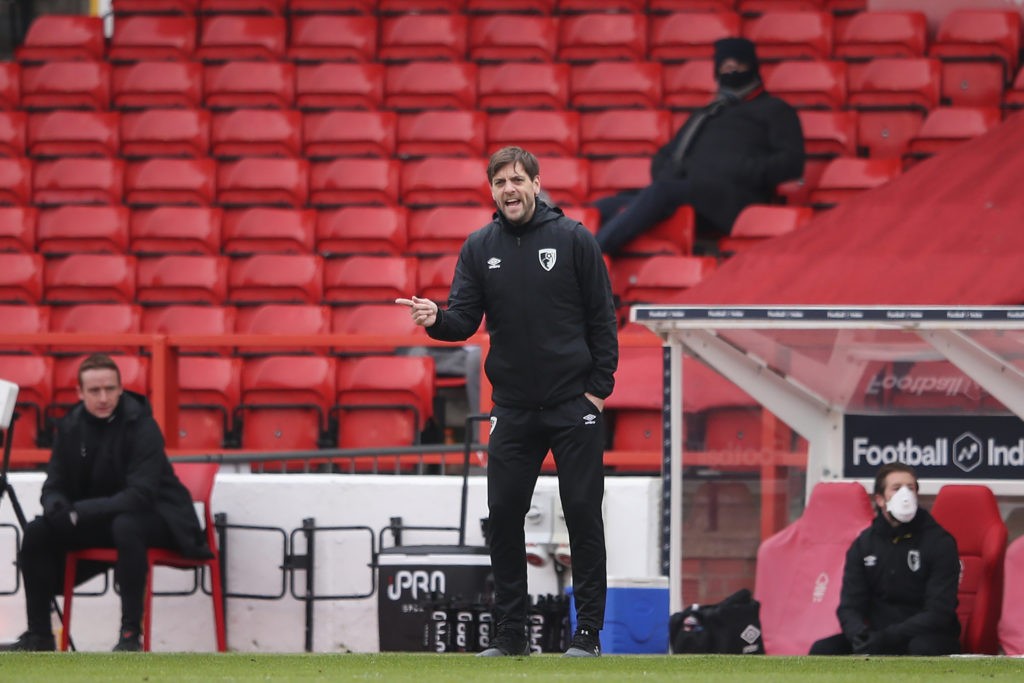 NOTTINGHAM, ENGLAND: Jonathan Woodgate, Manager of AFC Bournemouth gives his team instructions during the Sky Bet Championship match between Nottingham Forest and AFC Bournemouth at City Ground on February 13, 2021. (Photo by Alex Pantling/Getty Images)