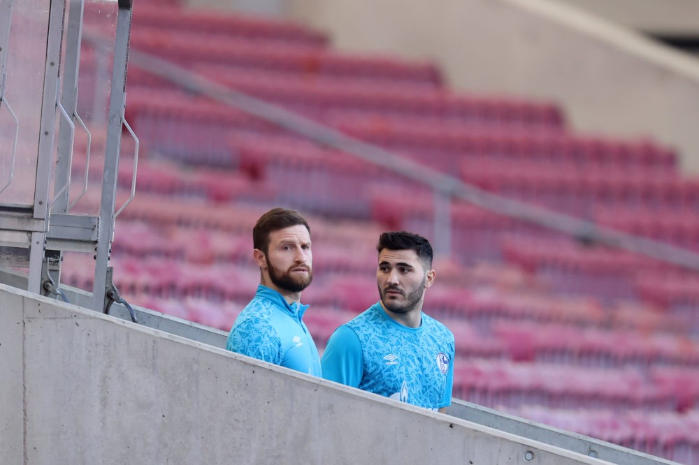 STUTTGART, GERMANY: Shkodran Mustafi (L) and Sead Kolasinac of Schalke walk out of the tunnel to warm up for the Bundesliga match between VfB Stutt...