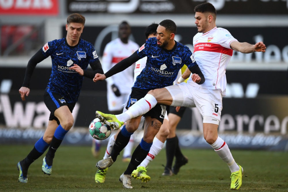 STUTTGART, GERMANY: Matheus Cunha of Hertha BSC is challenged by Konstantinos Mavropanos of VfB Stuttgart during the Bundesliga match between VfB S...