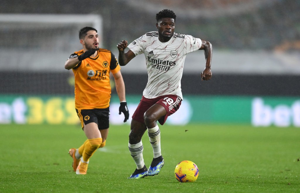Thomas Partey injured: How Arsenal lined up vs Aston Villa 6 WOLVERHAMPTON, ENGLAND: Thomas Partey of Arsenal runs with the ball during the Premier League match between Wolverhampton Wanderers and Arsenal at Molineux on February 02, 2021. (Photo by Shaun Botterill/Getty Images)